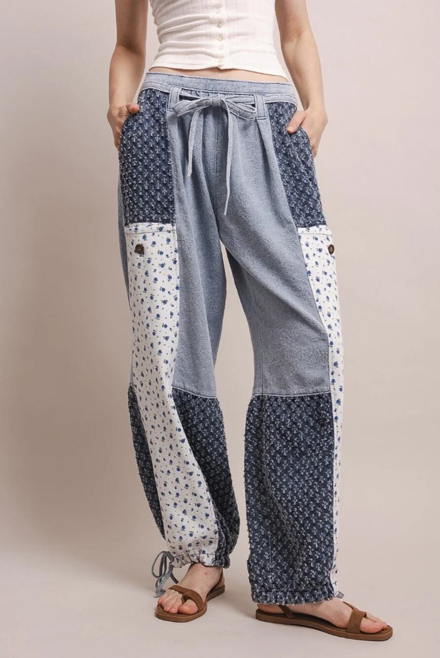 Blue Velvet Floral Patchwork Wide Leg Jogger Pants XL – Boho Chic